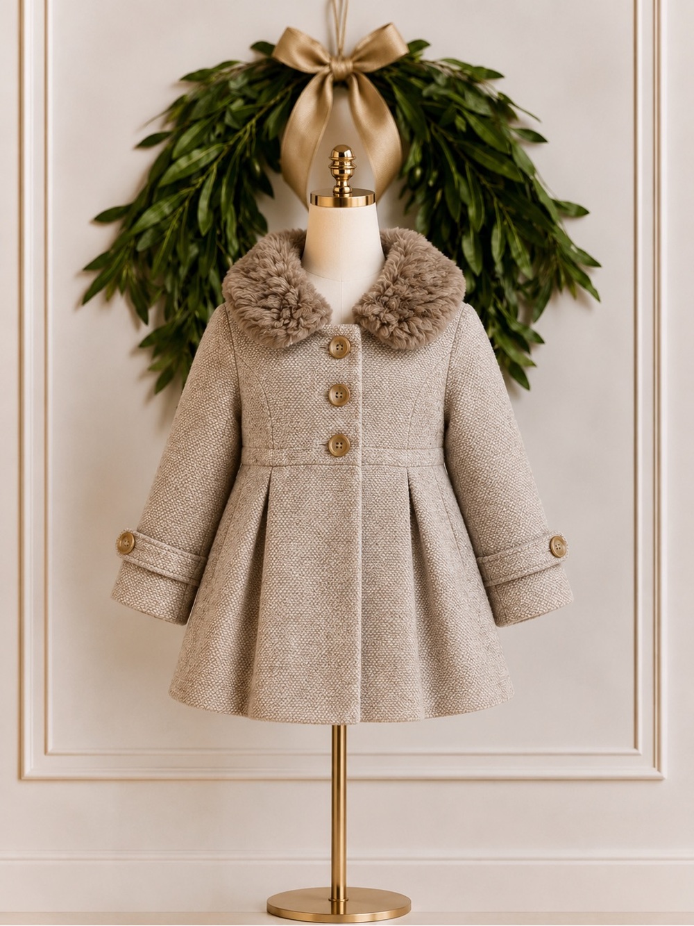Edgehill Collection Tan Tweed Classic Dress Coat Faux Fur 12 Months